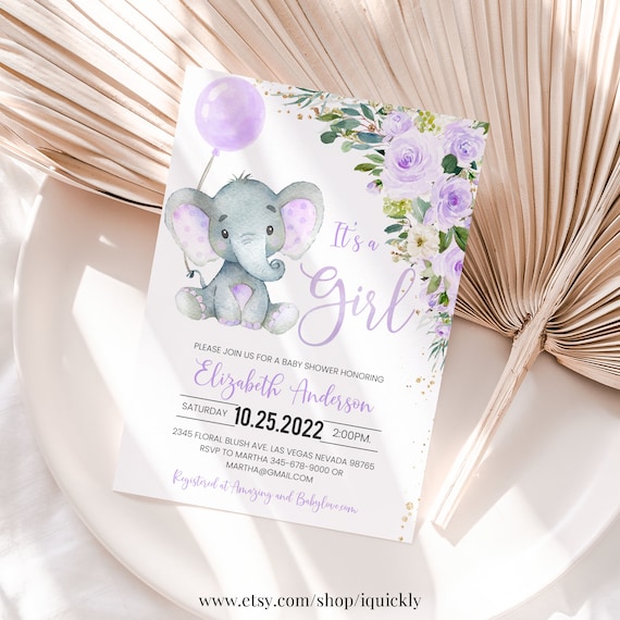 Purple Elephant Baby Shower Invitation EDITABLE Gold Girl Baby