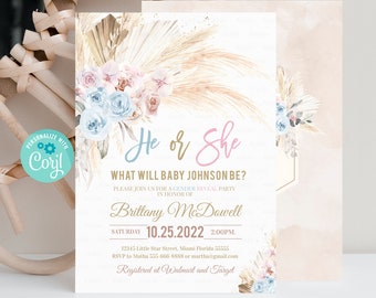 Edytowalne zaproszenie na baby shower w stylu boho z motywem trawy pampasowej, zaproszenie na ujawnienie płci dziecka w stylu boho, szablon na baby shower dla chłopca w stylu boho z motywem tropikalnej pustyni do natychmiastowego pobrania