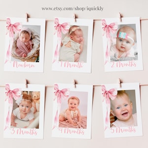 Bow birthday Monltly Photo Banner Editable Pink Bow 1st Photo Sign Decoration Printable Template Digital Download BOW101
