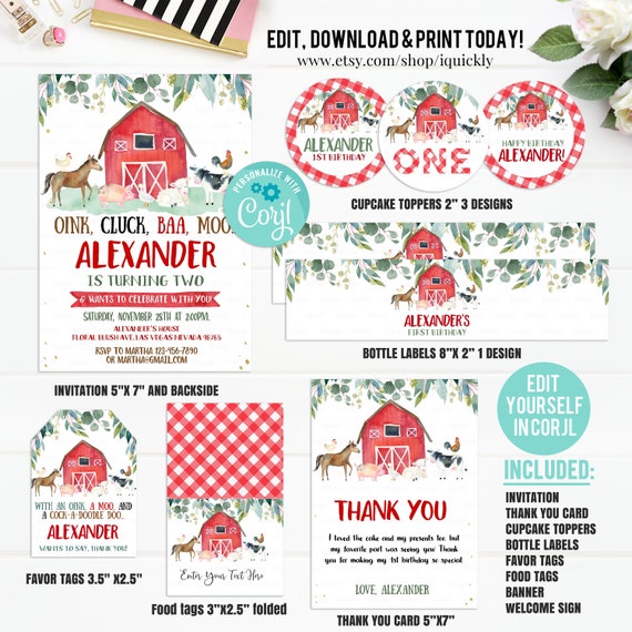 Editable Farm Party Decorations, Barnyard Party Package Birthday Invitations Boy Farm animals Invite, Template Digital Instant Download Il_570xn