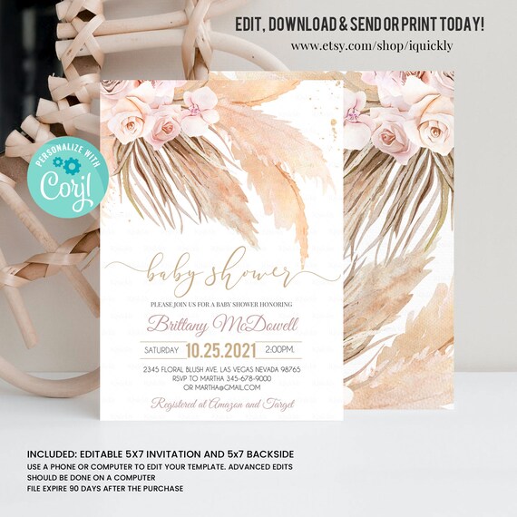 Editable Pampas Grass Baby Shower Invitation Bohemian Baby Shower Invitation Boho Shower Tropical Desert Baby Shower Instant Download Il_570xn