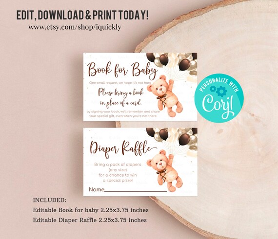 Teddy bear Baby Shower Diaper Raffle, Book for Baby Boy, Bear themed Bring a book, Digital Insert, Woodland Theme Printable Instant download Il_570xn