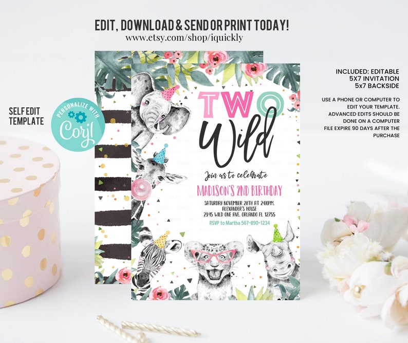 Editable Birthday Invitation Girl Two Wild Animals Invite Pink and Gold Safari Zoo Instant Download Printable Template Digital Corjl image 1