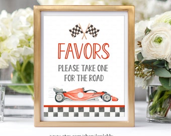 May include: A printable sign with a red race car and checkered flags. The sign says "Favors Please Take One For The Road" and includes the website www.etsy.com/shop/iquickly.