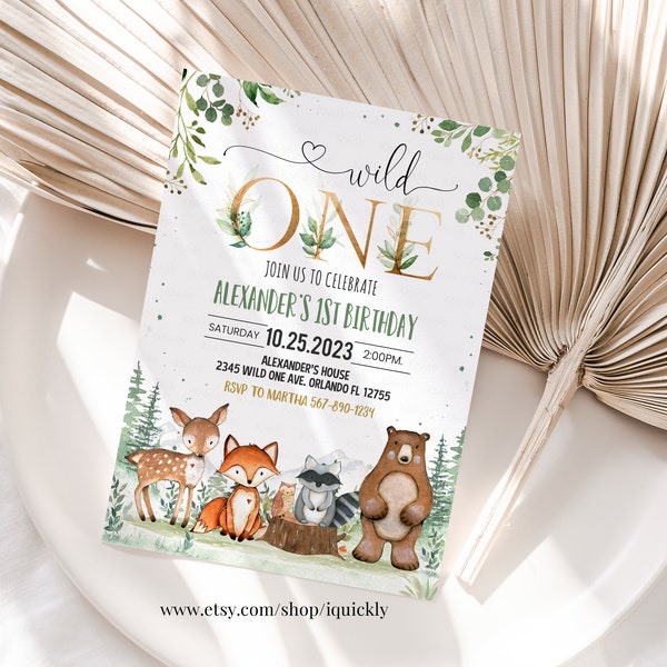 Woodland birthday invitation, Woodland first birthday invitation, Wild One Woodland Creatures Theme Template Instant download W201