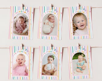 May include: Six rectangular milestone cards hanging on a string, each featuring a pastel striped border, a central arch, and text indicating age from newborn to five months. Each card displays a photograph of an infant in various poses.