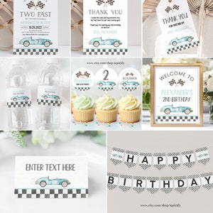 May include: Editable party package for a 2nd birthday with a racing car theme. The package includes a welcome sign, thank you tags, cupcake toppers, water bottle labels, a banner, and a place card. The design features a blue race car with a checkered flag pattern.