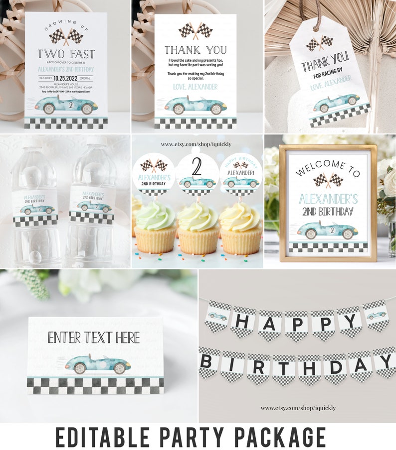 May include: Editable party package for a 2nd birthday with a racing car theme. The package includes a welcome sign, thank you tags, cupcake toppers, water bottle labels, a banner, and a place card. The design features a blue race car with a checkered flag pattern.
