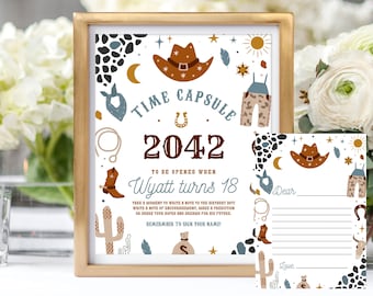 May include: A printable time capsule for a birthday party with a cowboy theme. The time capsule is to be opened in 2042 when Wyatt turns 18. The printable includes a note for guests to write a message to Wyatt. The printable is decorated with cowboy hats, boots, and other western-themed imagery.