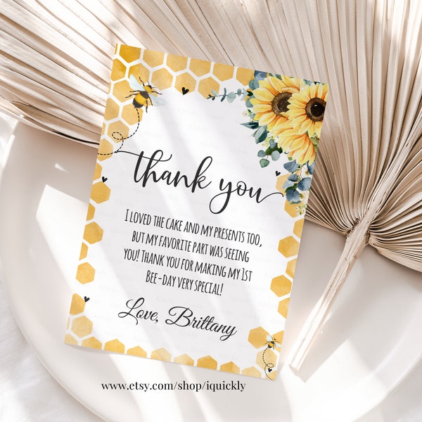 Editable Bee Birthday Thank you card Honey Bee Sunflower Note card So sweet to bee one Printable Template Instant Download BEE013