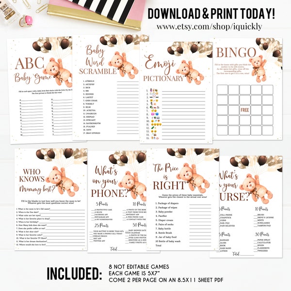 Teddy Bear Baby Shower Games,Boy Baby Shower Game Bundle,Bear Themed Bingo The price is right Instant Download Digital