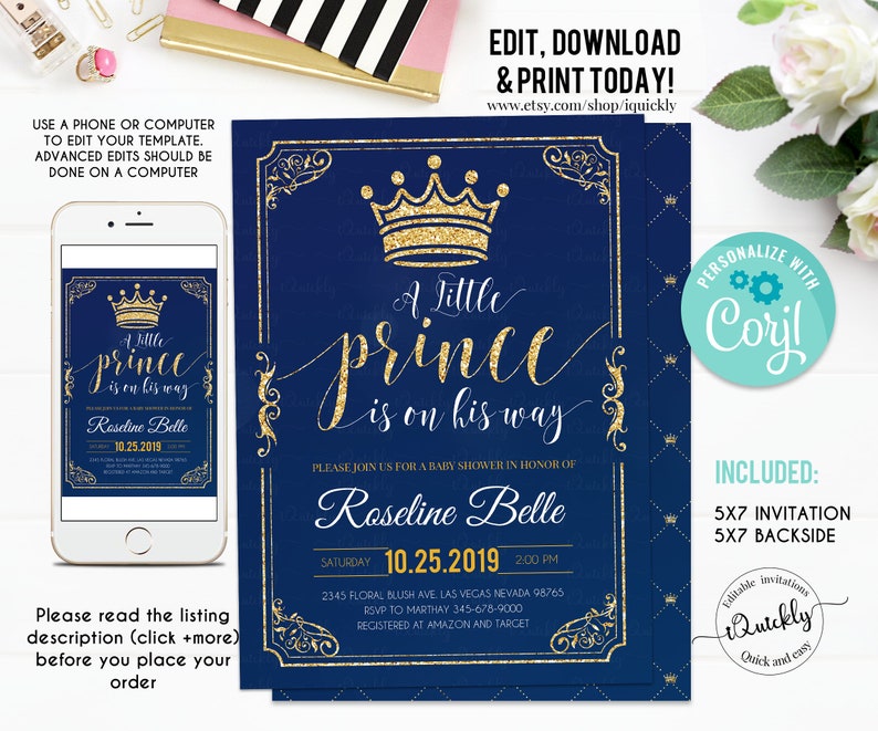 Prince Baby Shower Invitation EDITABLE , Crown Navy and Gold Boy Invite, Little Prince Invitations Instant Download Template Digital image 1