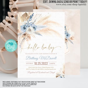 Invito per baby shower modificabile in erba Boho Pampas Boho Baby Shower invita modello per baby shower per ragazzo nel deserto tropicale Download immediato