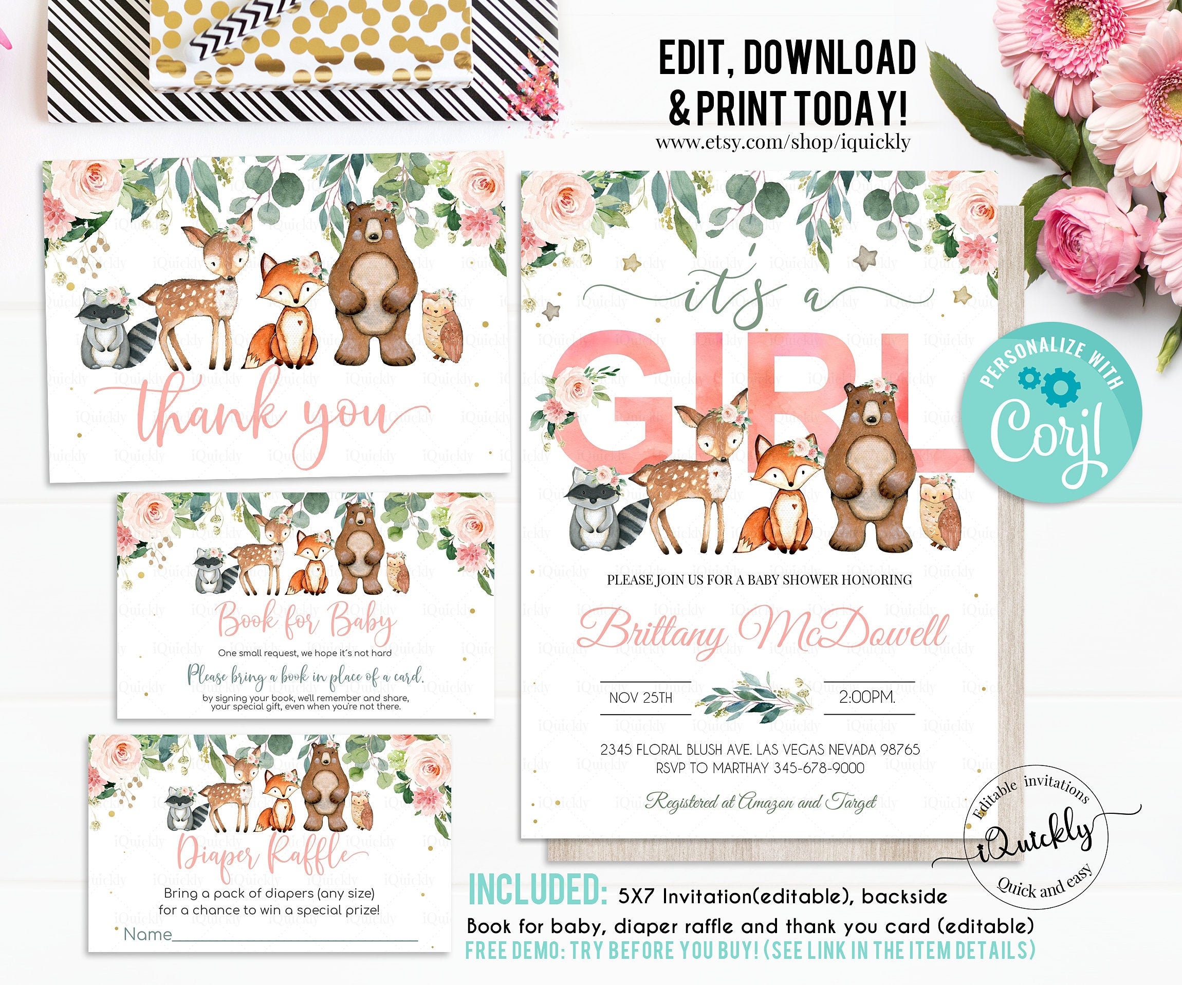 Woodland Baby Shower Invitation Set, EDITABLE Girl Pack, woodland animals invitations Package, Woodland Theme Instant download Template