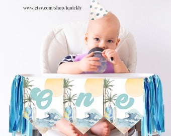 The Big One Surf High Chair Banner Beach Highchair Banner Surfboard Surfer Party Decorations Printable Template Digital