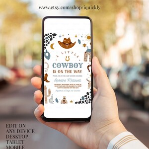 May include: A digital invitation for a baby shower with a cowboy theme. The invitation features a cowboy hat, a horseshoe, a cactus, and a star. The text on the invitation reads "A Little Cowboy is on the Way".