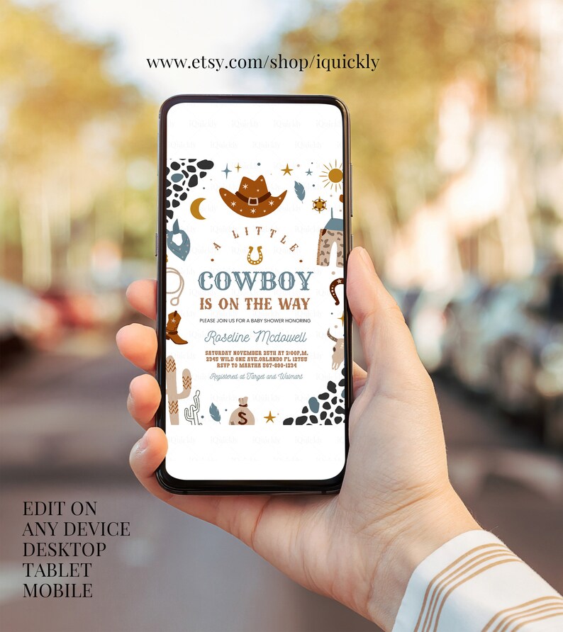 May include: A digital invitation for a baby shower with a cowboy theme. The invitation features a cowboy hat, a horseshoe, a cactus, and a star. The text on the invitation reads "A Little Cowboy is on the Way".