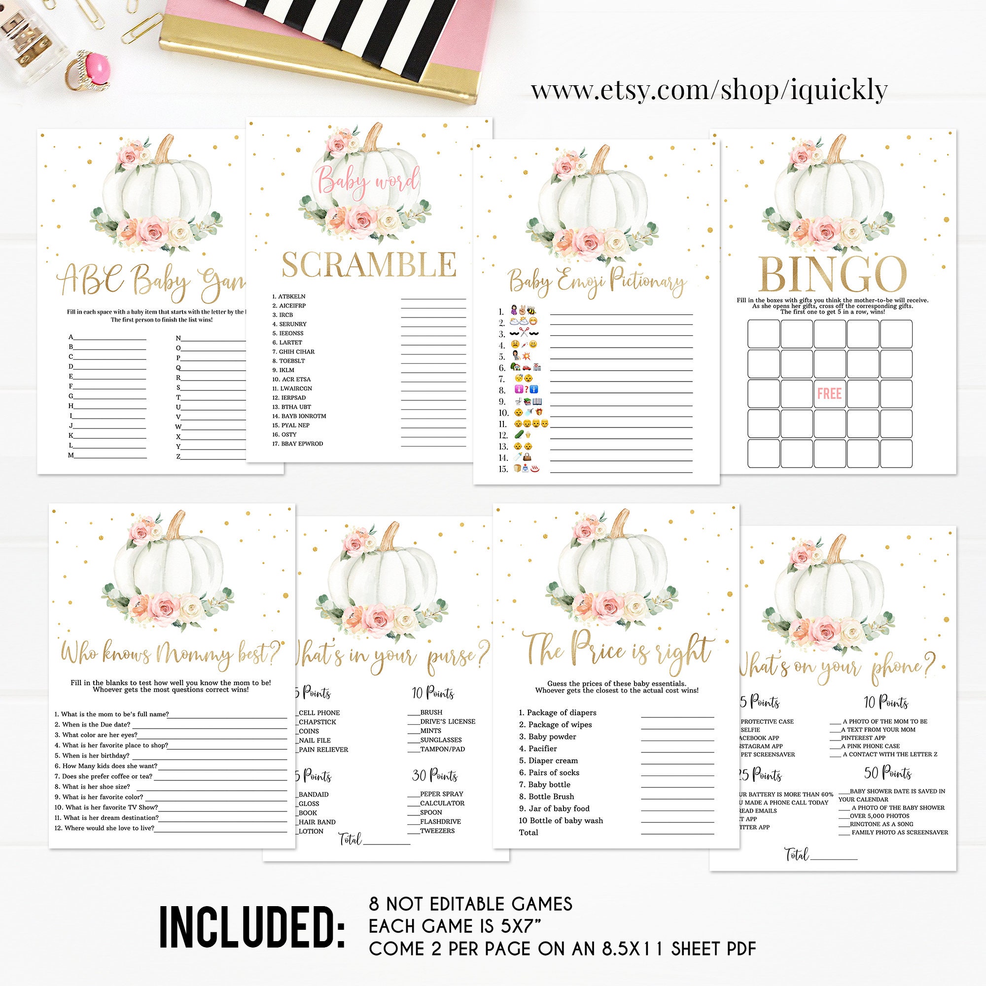 Pumpkin Baby Shower Games Bundle, Floral Pink gold Girl little Pumpkin Game package Baby Shower Game Pack, Fall Autumn Instant Download P1