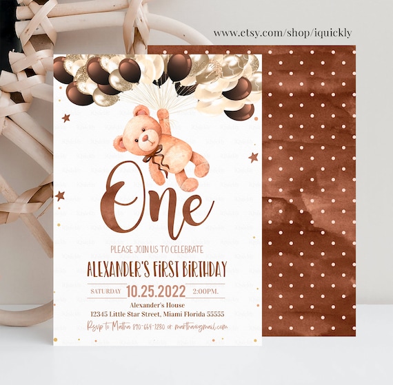 Editable Teddy Bear Birthday Invitation Boy Bear Themed Invite,1st Birthday Bear with Balloons Invitations template Instant download Il_570xn