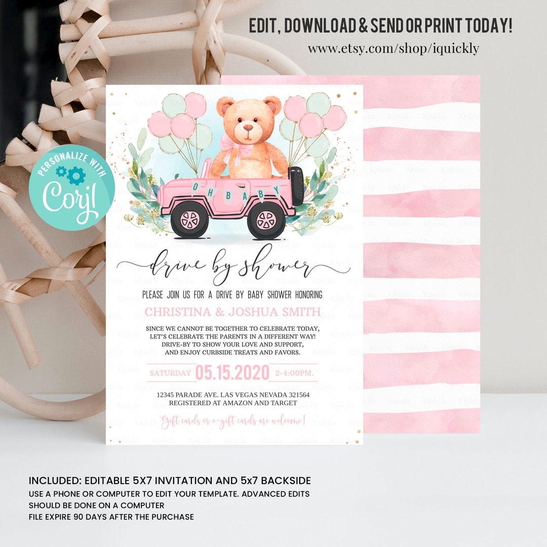 Editable Drive by Baby Shower Invitation Teddy Bear Drive Etsy