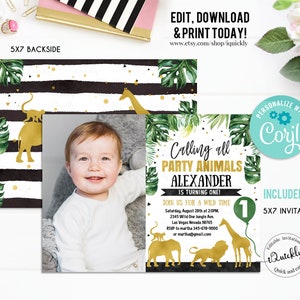 Jungle gold Birthday Invitation, EDITABLE jungle Invitations, Photo Safari Invite, Giraffe Elephant Wild one Boy Instant download Printable image 2