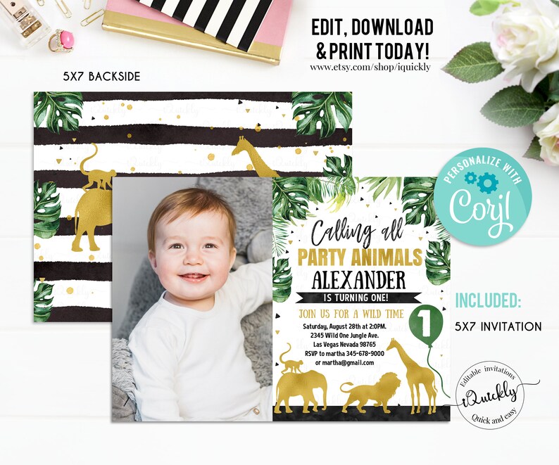 Jungle gold Birthday Invitation, EDITABLE jungle Invitations, Photo Safari Invite, Giraffe Elephant Wild one Boy Instant download Printable image 2