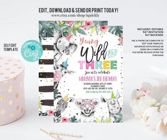 Editable Young Wild and Three Invitation Girl Pink and Gold Safari Animals Zoo Instant Download Printable Template Digital Corjl Il_570xn