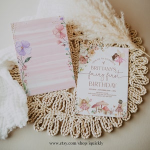 May include: Pink and white fairy first birthday party invitation with floral illustrations and gold glitter accents. The invitation reads "Join us to celebrate Brittany's fairy first birthday".