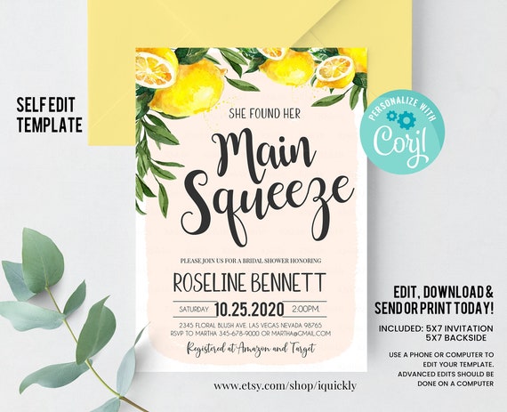 Editable She Found Her Main Squeeze Bridal Shower Invitation, Lemon Citrus Watercolor Invite, Summer Printable Template Instant Download Il_570xn