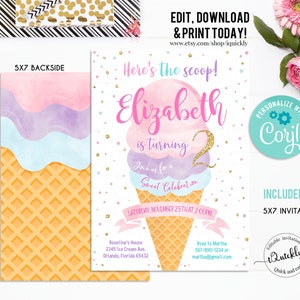 Editable Ice Cream Birthday Invitation First Birthday Party Here's the Scoop Cone Pink Mint Gold Purple Printable Template Instant download image 3