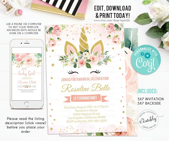 Unicorn Invitation, Editable Unicorn Birthday Invitation, Glitter Unicorn Invite Template, Magical Party Digital, Floral Instant download Il_570xn