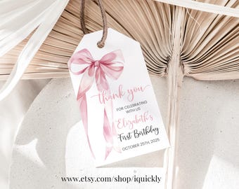 Pink Bow Favors Tag Editable Girl First Birthday Thank you tag Bow 1st Birthday Party Any Age Template Printable Digital Download BOW101