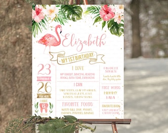 May include: A pink and gold first birthday sign featuring a flamingo, flowers, and glitter. The sign lists the child's age, weight, height, favourite foods, songs, and books. The sign reads "Elizabeth My 1st Birthday".