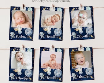 Editable Outer Space First Birthday Monthly Photo Banner First trip around the sun First Year  Printable 1st Birthday Photo download FT104