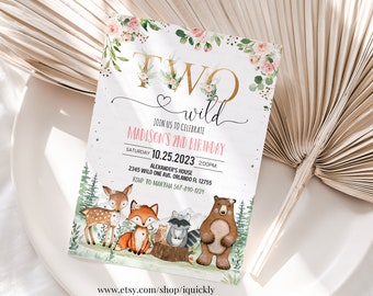 Woodland birthday invitation, Girl Woodland 2nd birthday invitation,Two wild Woodland Creatures Theme Template Instant download W302