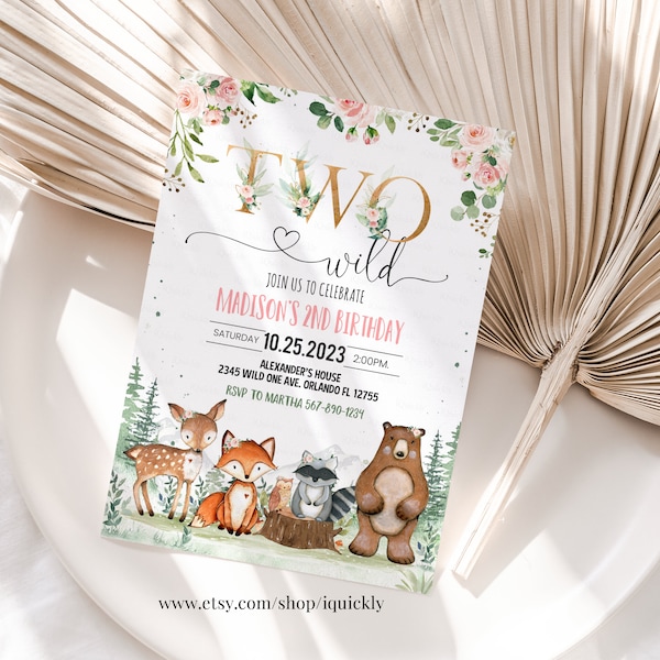 Woodland birthday invitation, Girl Woodland 2nd birthday invitation,Two wild Woodland Creatures Theme Template Instant download W302