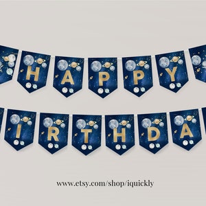 Happy Birthday Banner Outer Space Planets Banner Boy Galaxy First Birthday Decorations Rocket Instant download PRINTABLE DIGITAL FT104