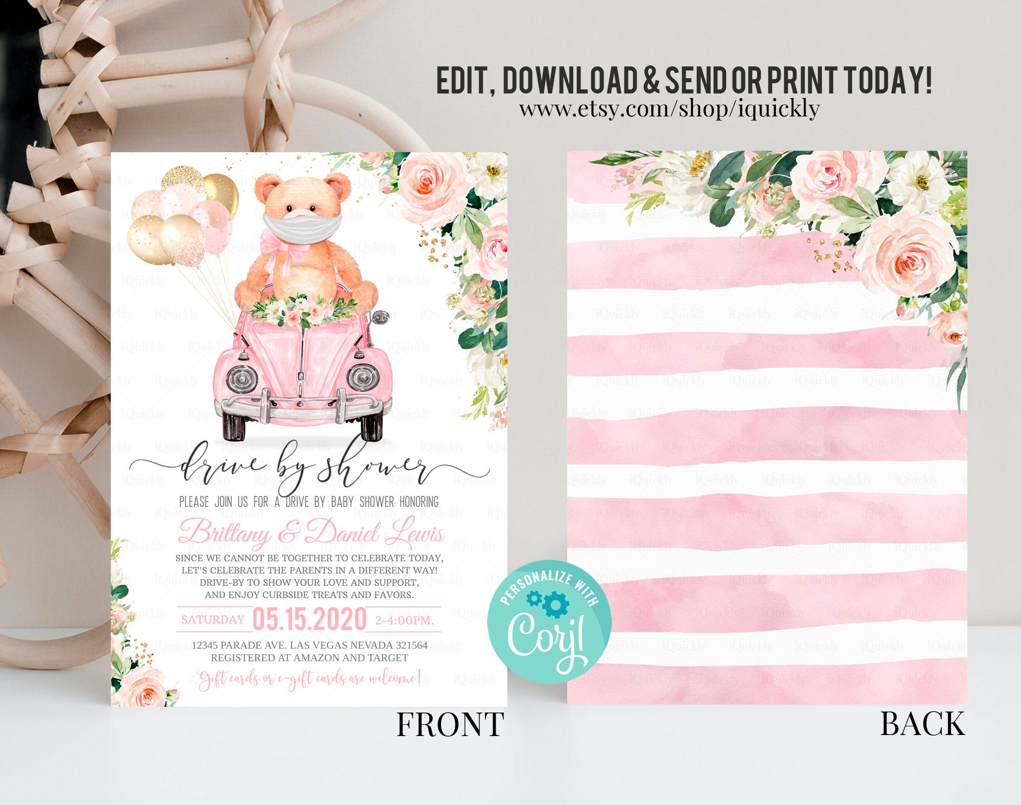 Editable Drive by Baby Shower Invitation Teddy Bear Drive Etsy