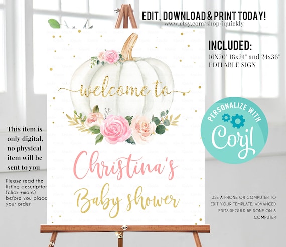 EDITABLE Pumpkin Floral Baby Shower Welcome sign, Pink and gold Pumpkin Sign Decorations Flower White Instant download Template Printable Il_570xn