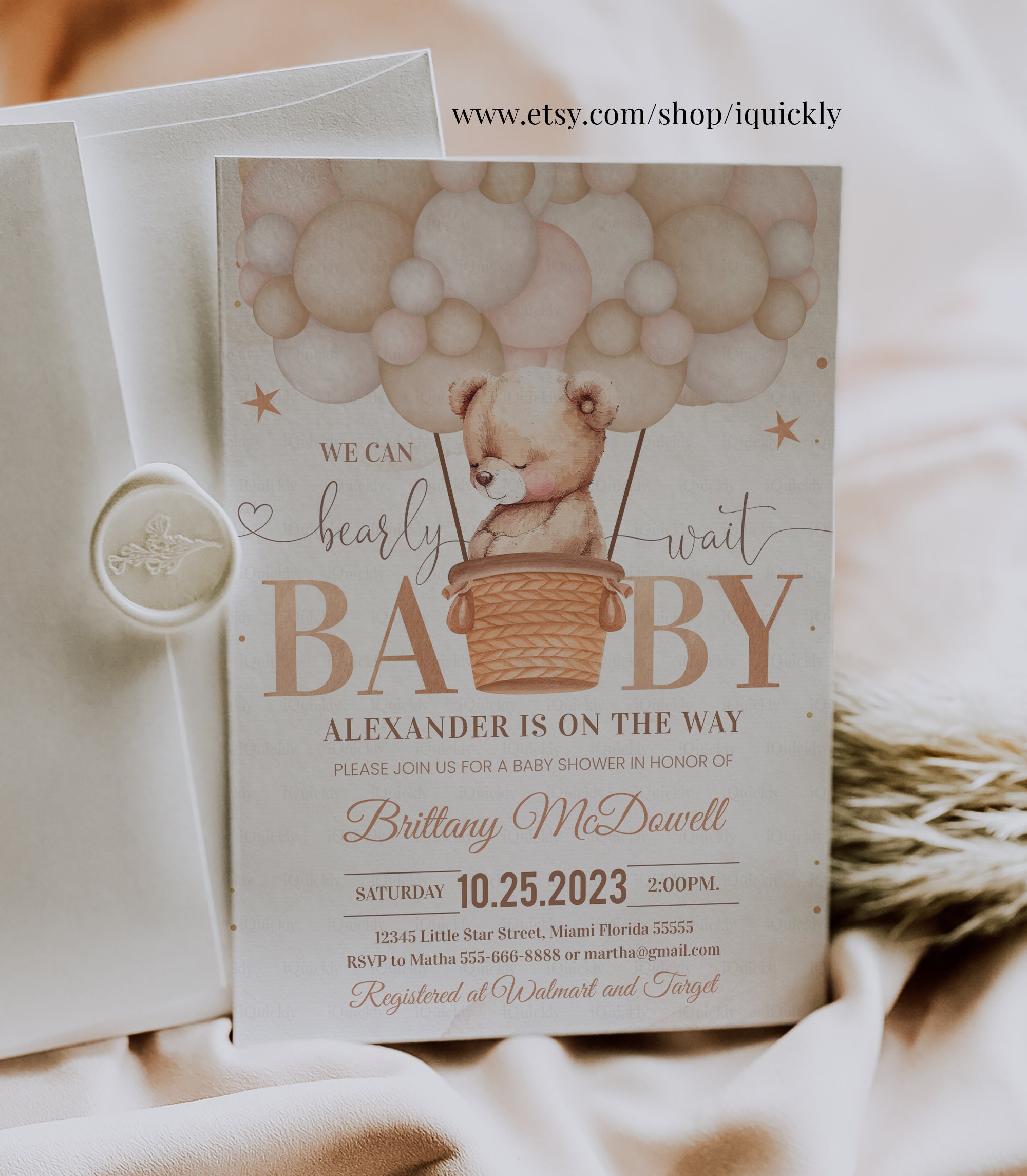 Editable We Can Bearly Wait Baby Shower Invitation Teddy Bear Hot Air ...