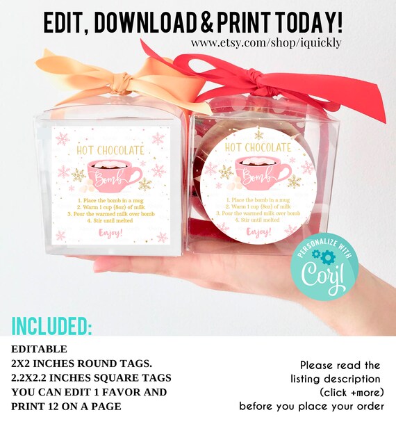 Editable Hot Chocolate Bomb Tags Hot Cocoa Bomb Instructions Favor Tags Cookies and Cocoa Christmas Winter You're The Bomb Instant Download Il_570xn