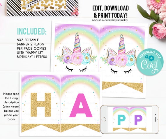 editable unicorn banner happy birthday banner printable 1st etsy