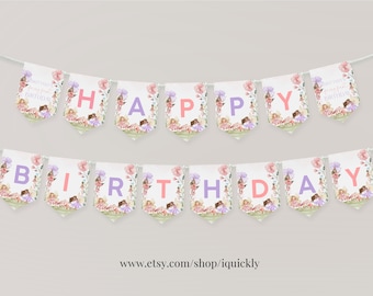 Happy Birthday Banner Fairy Party Girl Pink Garden Floral Birthday Party Decorations Instant download Printable Digital FA203