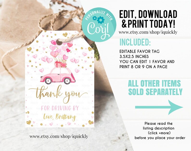 Editable Drive by Baby Shower Favor Tag Valentine Drive Etsy