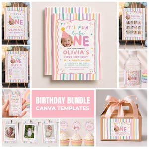 May include: A birthday bundle of Canva templates featuring a pastel striped design with the text It's Fun to be One. Includes invitation, photo collage, thank you tag, water bottle label, cupcake toppers, and favor box label for a first birthday.