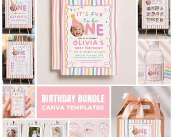 Fun to be One Birthday decorations Bundle Editable Set Photo Girl's First Party Package Canva Template