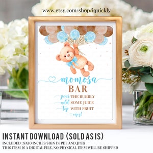 Teddy Bear Baby Shower Momosa Bar Sign, 8x10 Brown and Gold Bear Themed Baby Shower Momosa Sign Printable Digital Instant Download