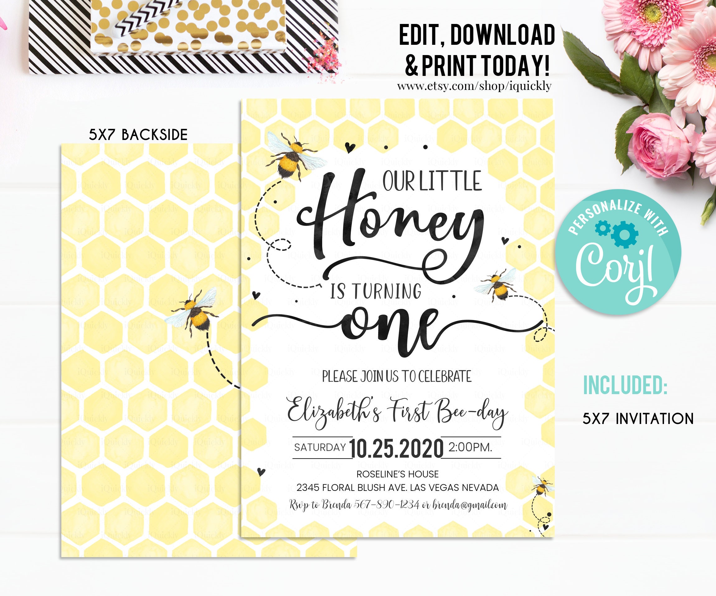 Editable Bee Birthday Invitation Honey Bee Birthday Party Bee 1st ...