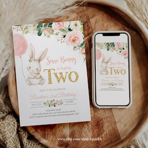 May include: A pink and gold invitation for a second birthday party with a bunny rabbit holding a pink balloon. The invitation says "Some Bunny is turning Two" and includes the date, time, and location of the party.