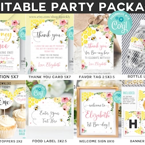 Editable Bee Party Decorations, Honey bee Package Birthday Invitations Bumble Bee Birthday Invite, Bundle Template Digital Instant Download